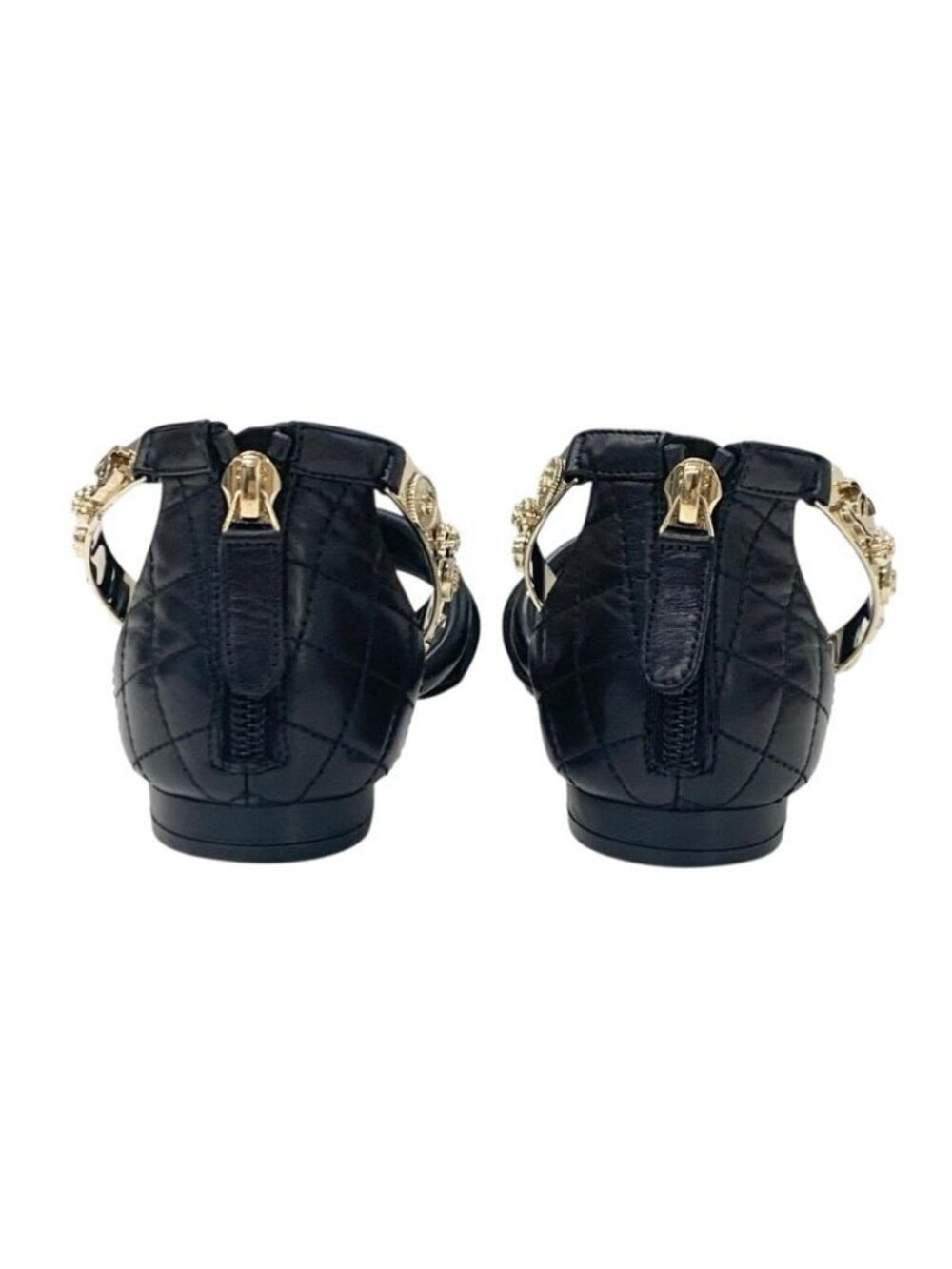 Chanel Sandals Shoes Leather Black Gold Coco Mark Icon Metal Strap Quilted - Picture 5 of 10